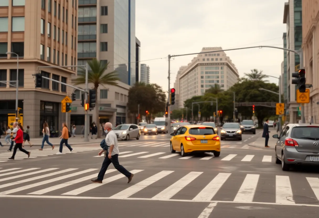 Urban intersection illustrating pedestrian traffic and vehicle movement