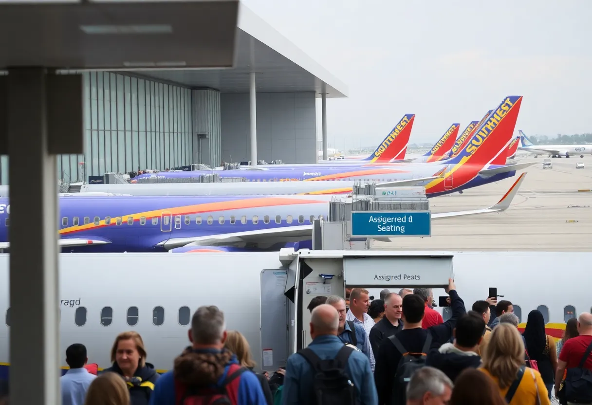 Passengers boarding a Southwest Airlines flight with assigned seating