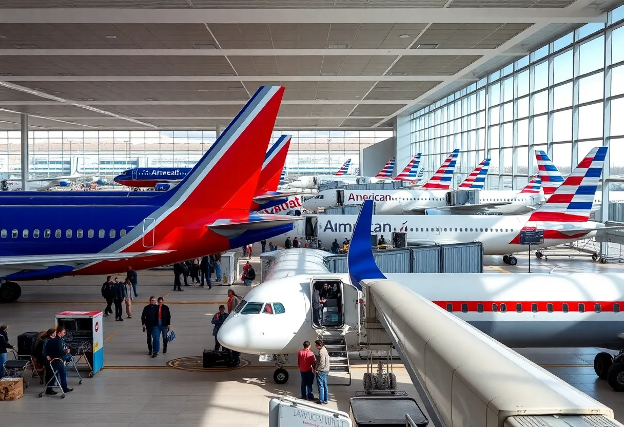 Passengers boarding Southwest and American Airlines flights in a busy airport terminal.