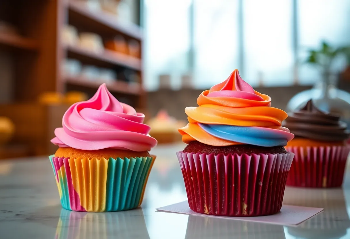 Display of gourmet cupcakes in a bakery showcasing the innovative design of Sprinkles Cupcakes.