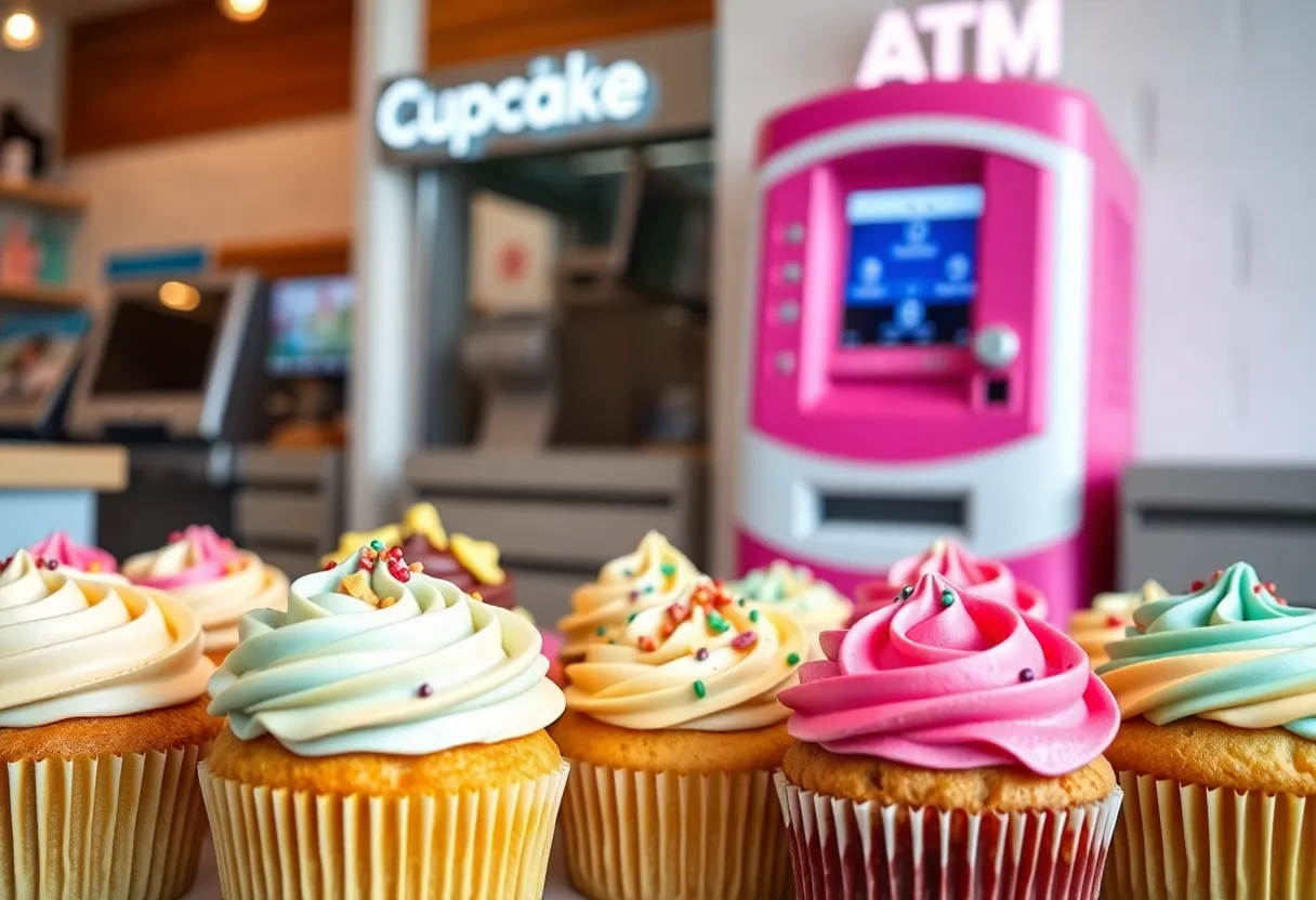 Colorful gourmet cupcakes in a modern bakery