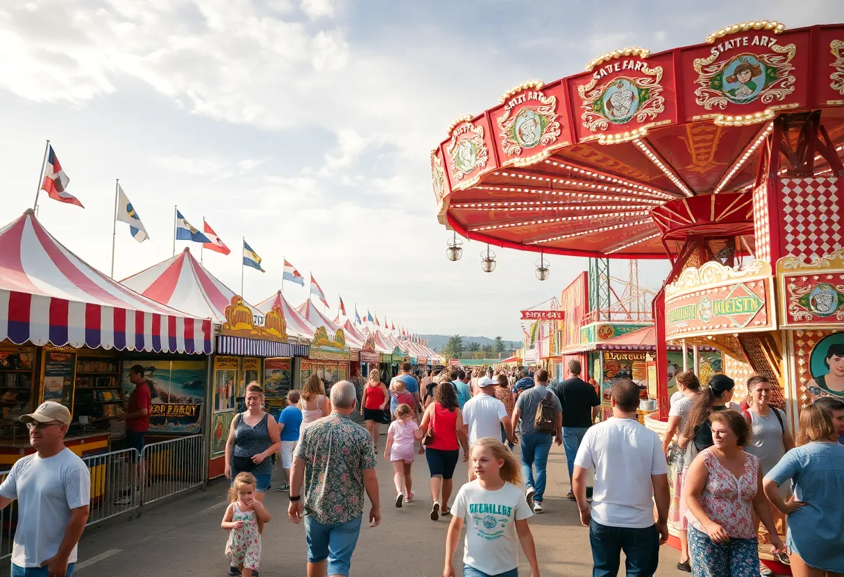 Families enjoying the State Fair of Texas with rides and food stalls
