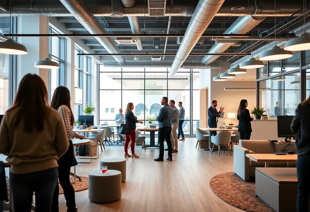 Interior of Strive North Dallas co-working space with professionals engaging in discussions.