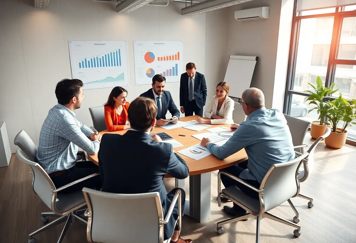 Business professionals discussing a successful acquisition in a modern office setting.