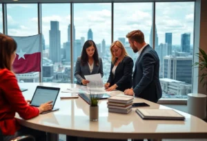 Sunflower Bank team discussing financial strategies with Texas urban landscape in the background