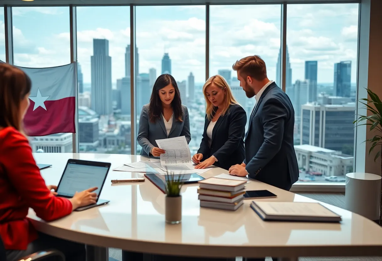 Sunflower Bank team discussing financial strategies with Texas urban landscape in the background
