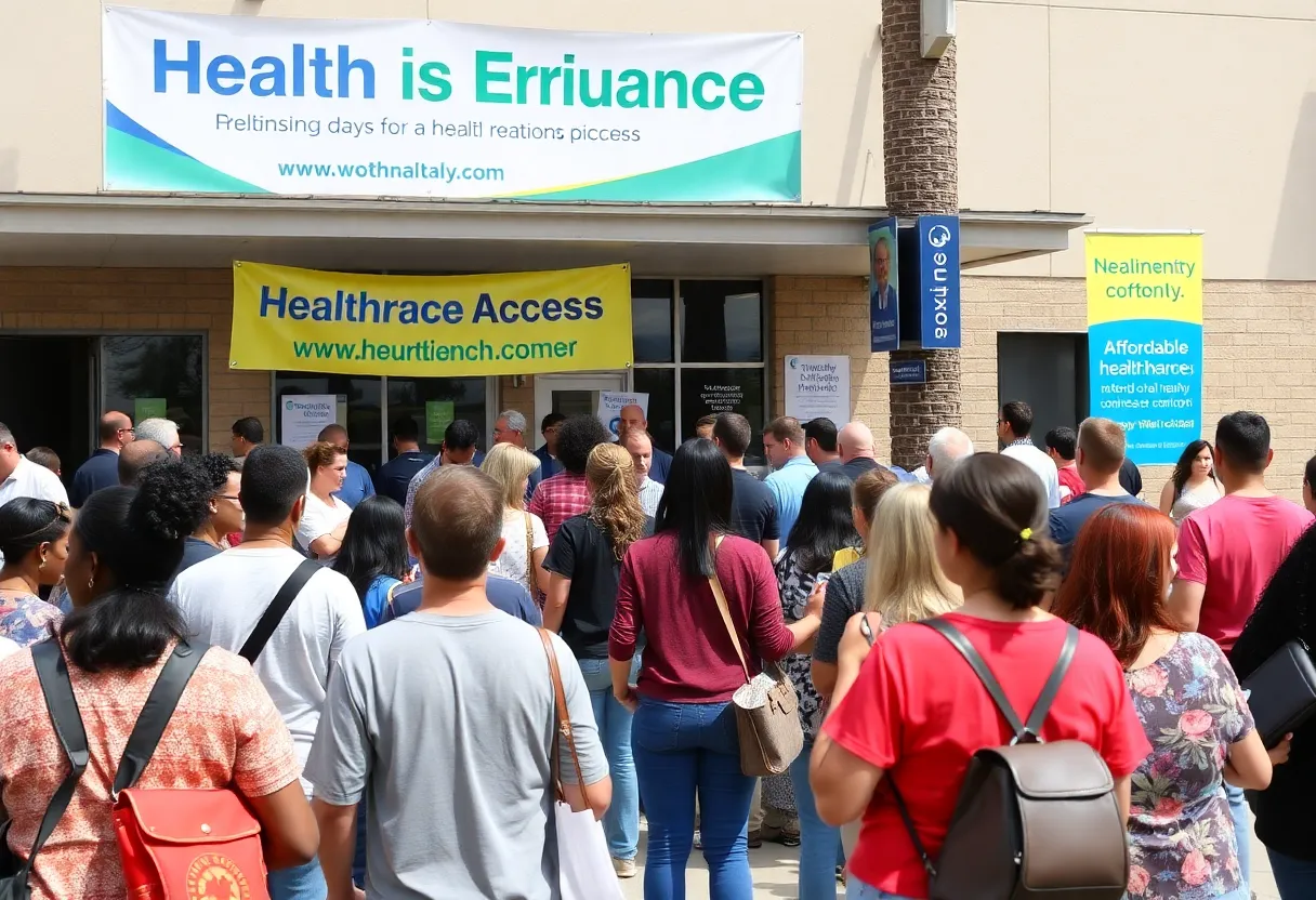 Crowd outside a Texas health insurance enrollment center
