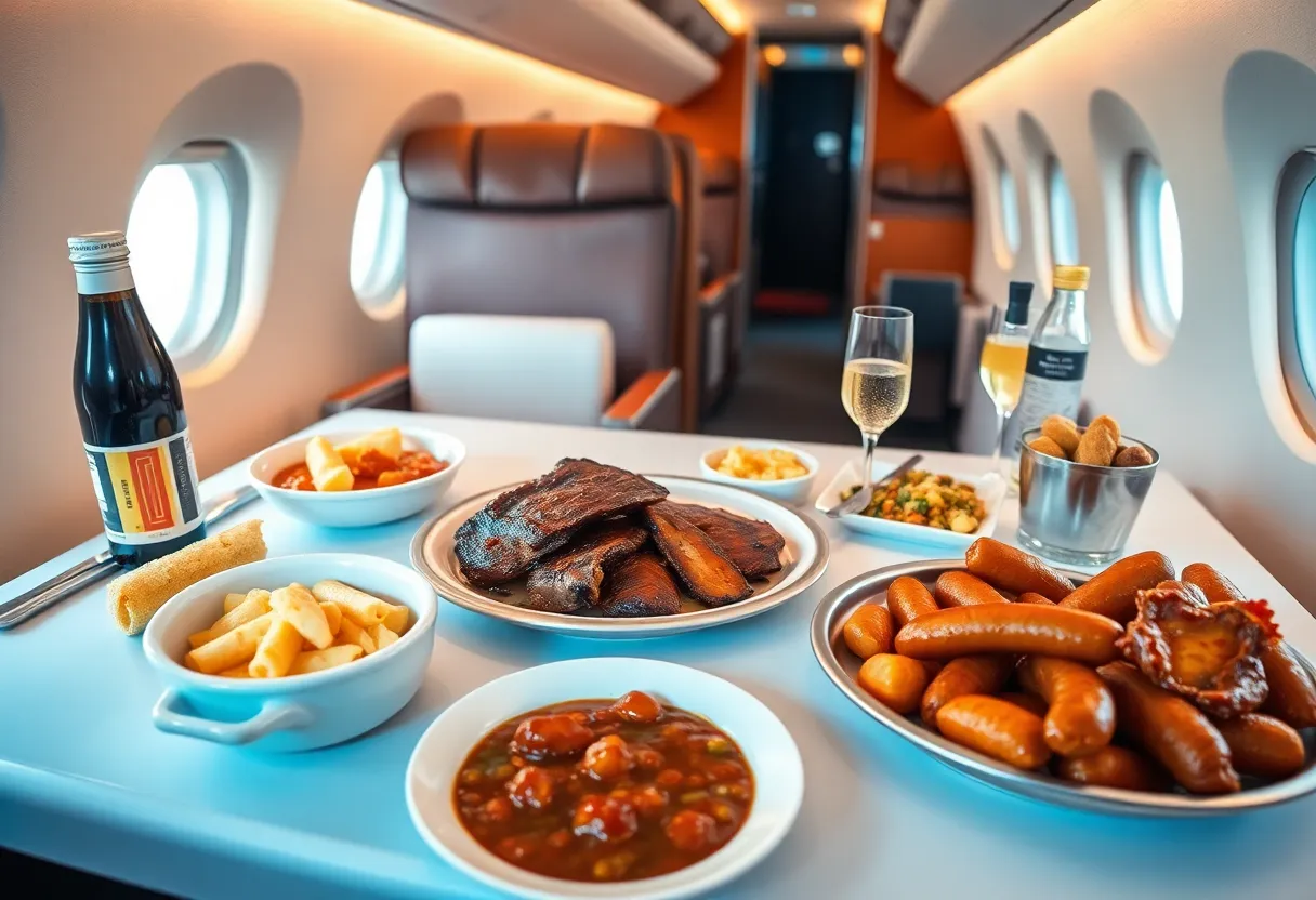 Texas barbecue dishes served in first-class seating on an airplane