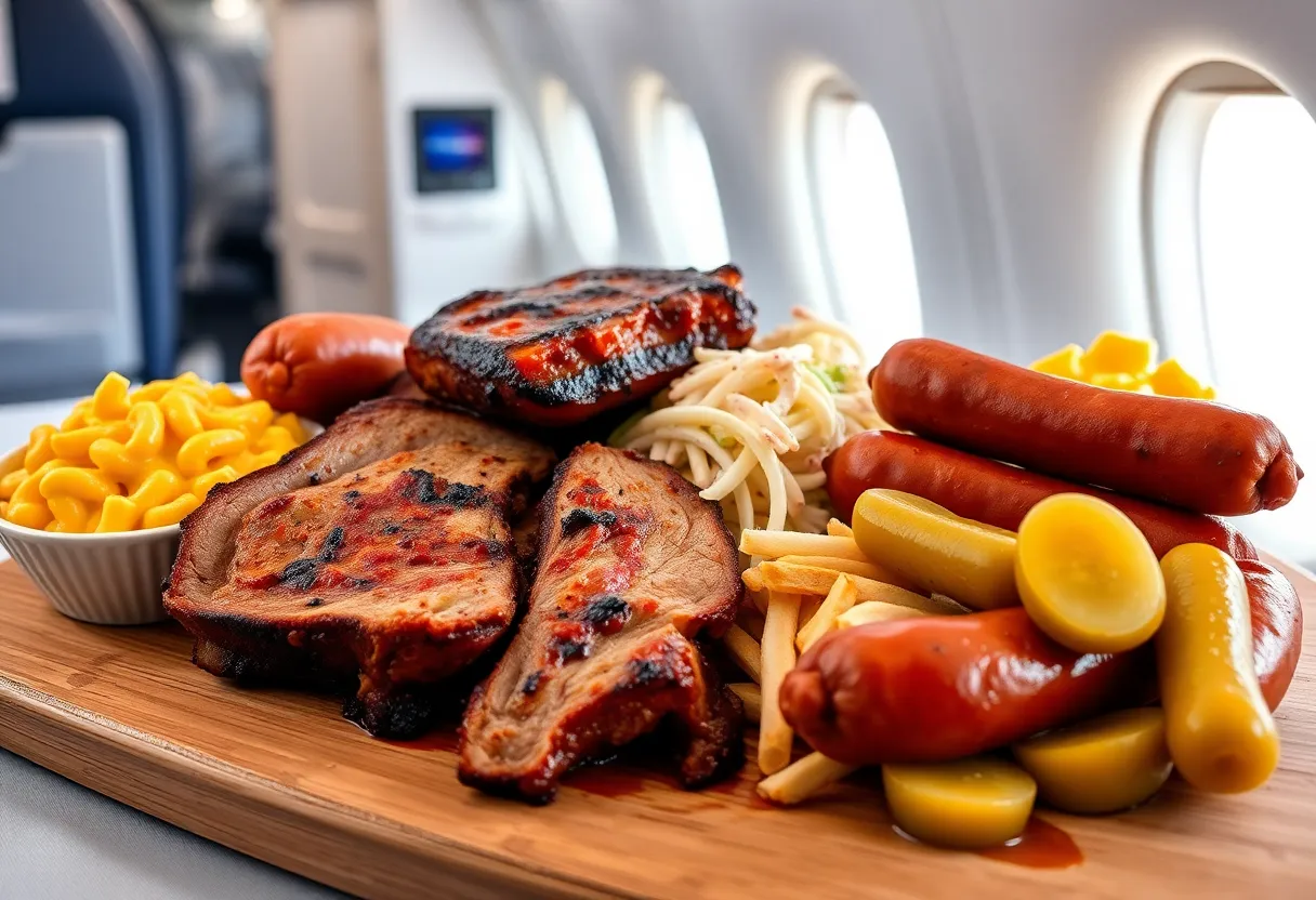 A delicious Texas barbecue platter on an airplane