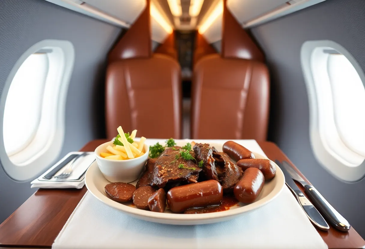 Barbecue platter featuring smoked brisket and sausage served in American Airlines first class.