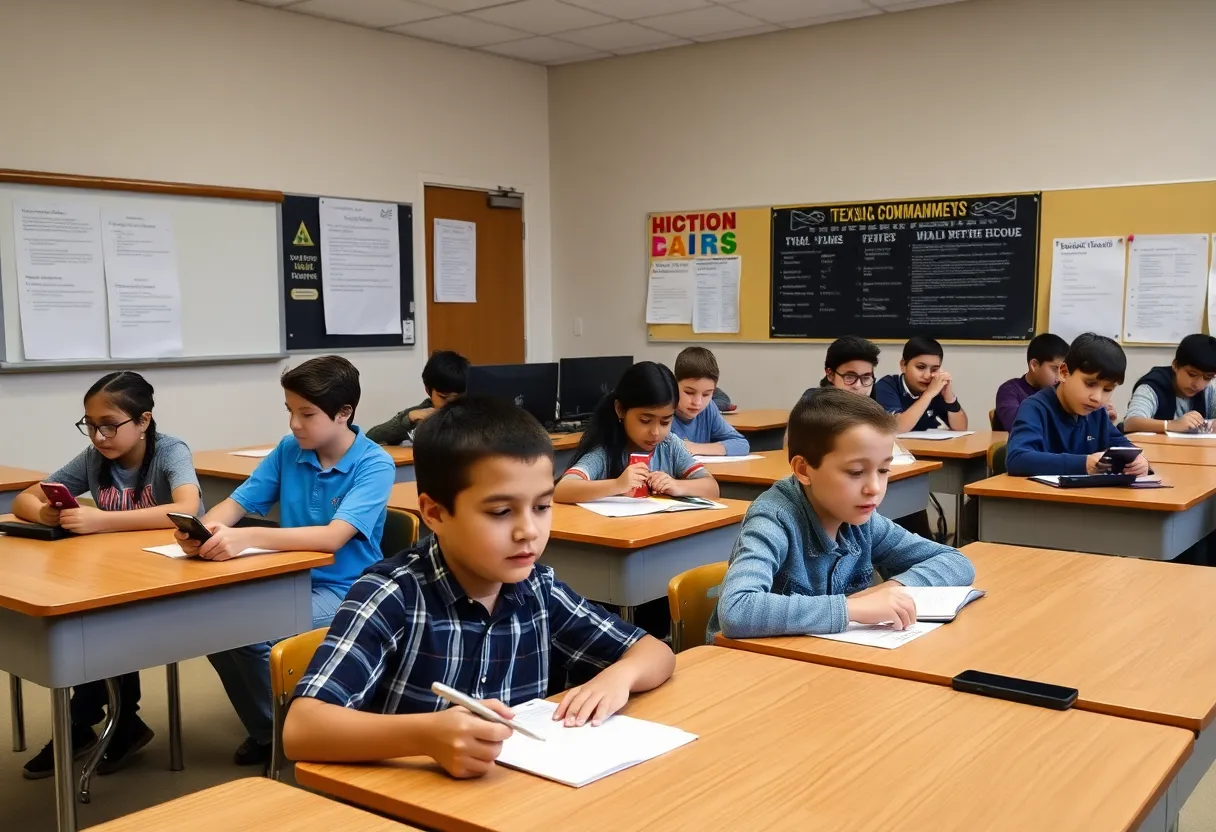 Students in a Texas classroom without personal devices, featuring the Ten Commandments on the wall.