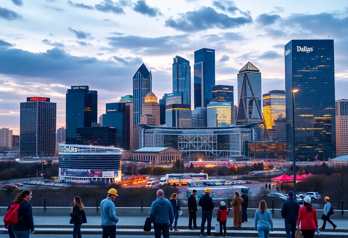 Dallas skyline with diverse professionals indicating a stable job market