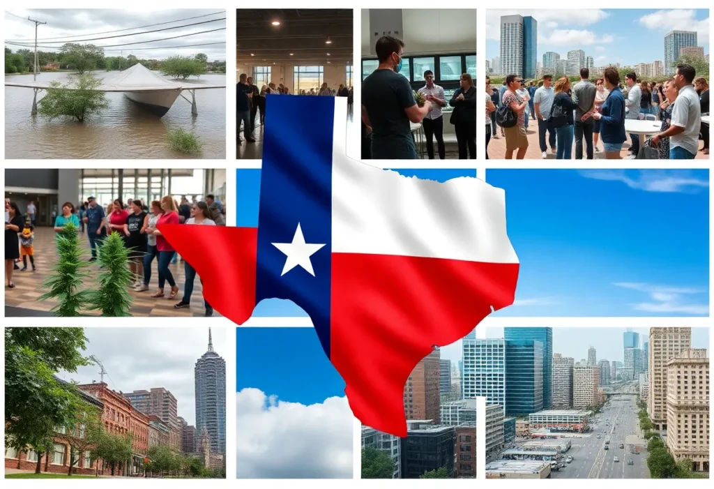 Collage of Texas news events including floods, medical marijuana, and population growth.