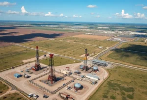 Aerial view of oil rigs and gas pipelines in Texas.