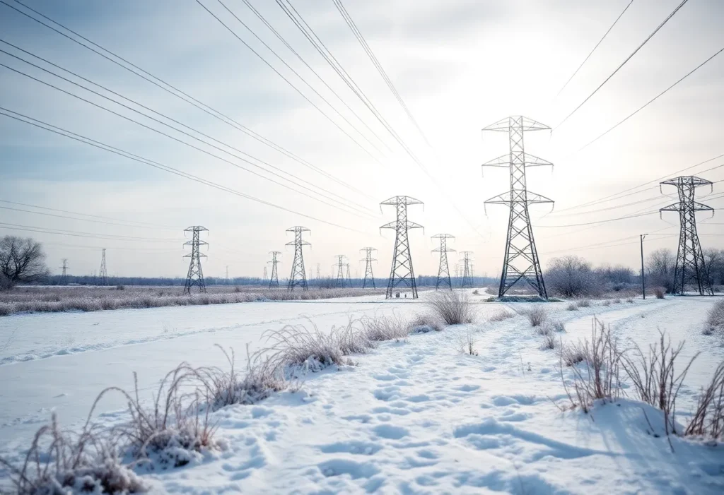 Snow-covered power infrastructure in Texas during a cold weather event.