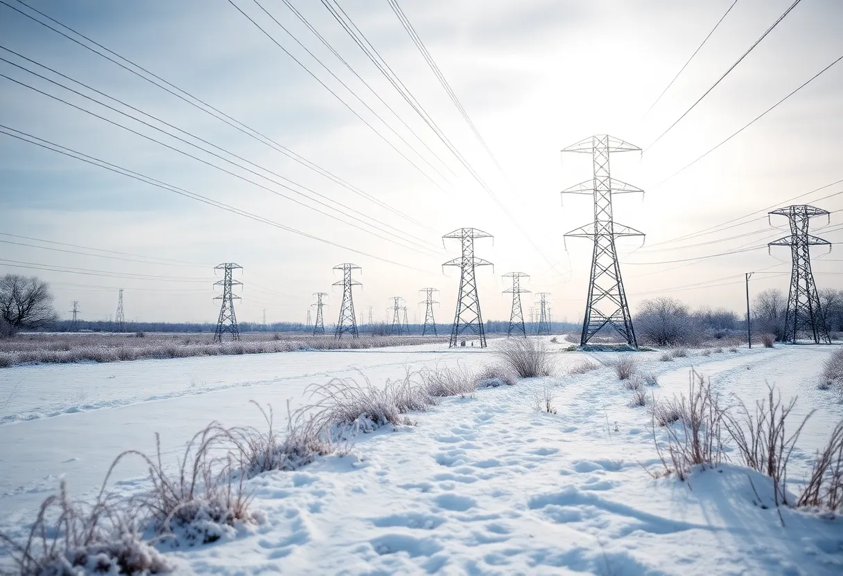 Snow-covered power infrastructure in Texas during a cold weather event.