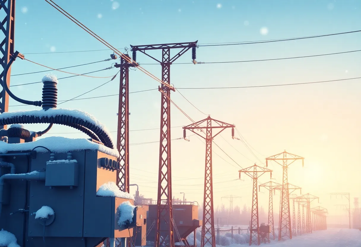Power grid infrastructure in winter showing weatherization measures