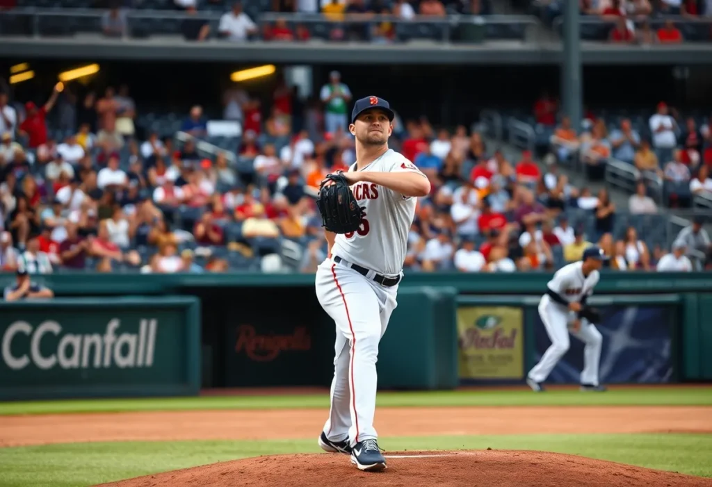 Pitcher warming up in the bullpen during a baseball game