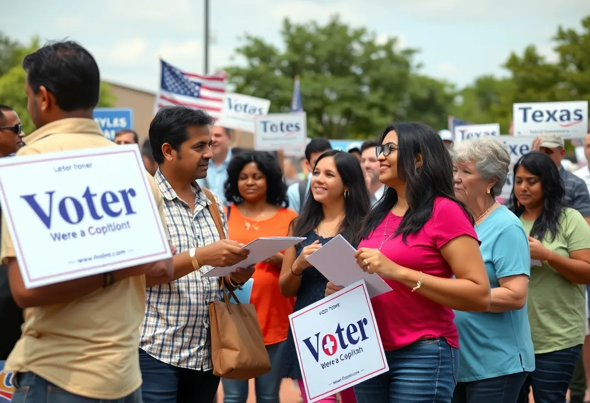 Campaign scene in Texas with diverse voters and campaign signs