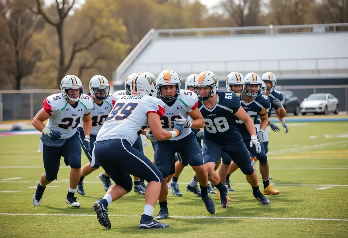 Texas Tech football players in practice focusing on defensive strategies