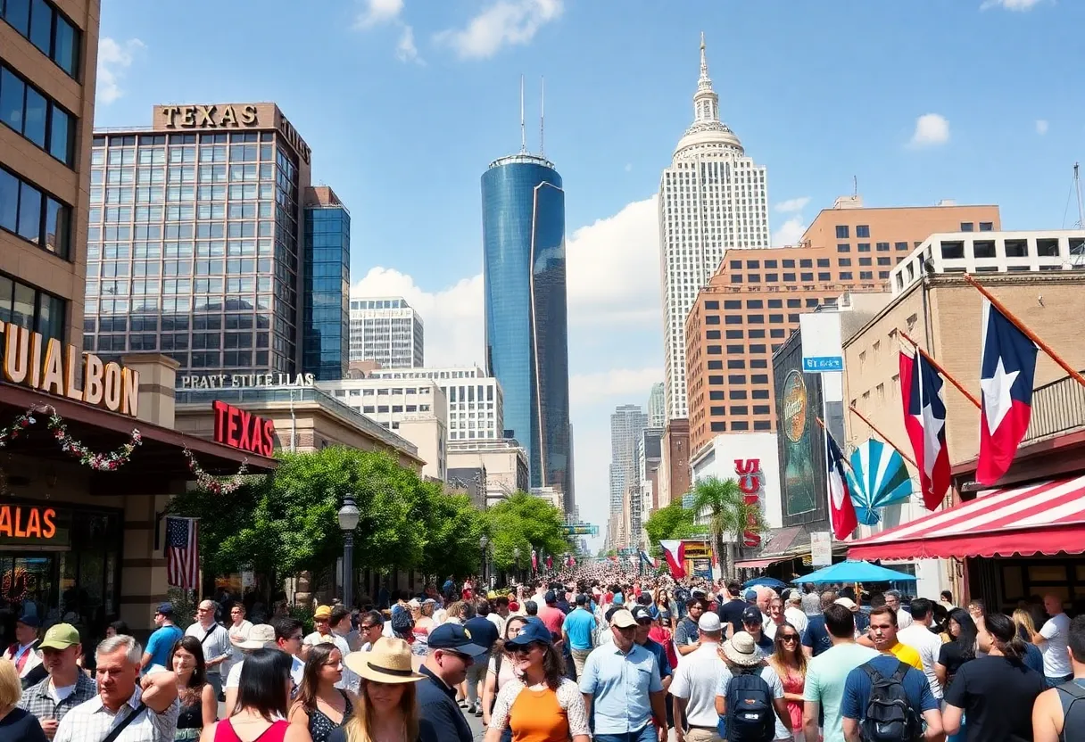 A vibrant representation of Texas tourism with city landmarks and visitors.