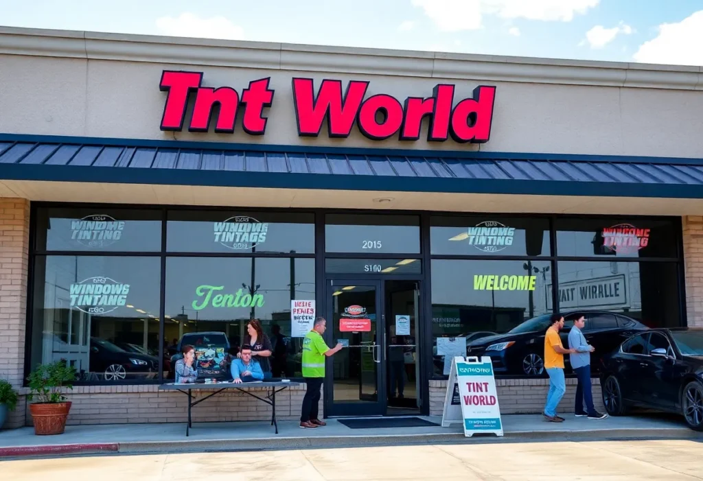 Exterior view of Tint World location in Denton, Texas during a community event