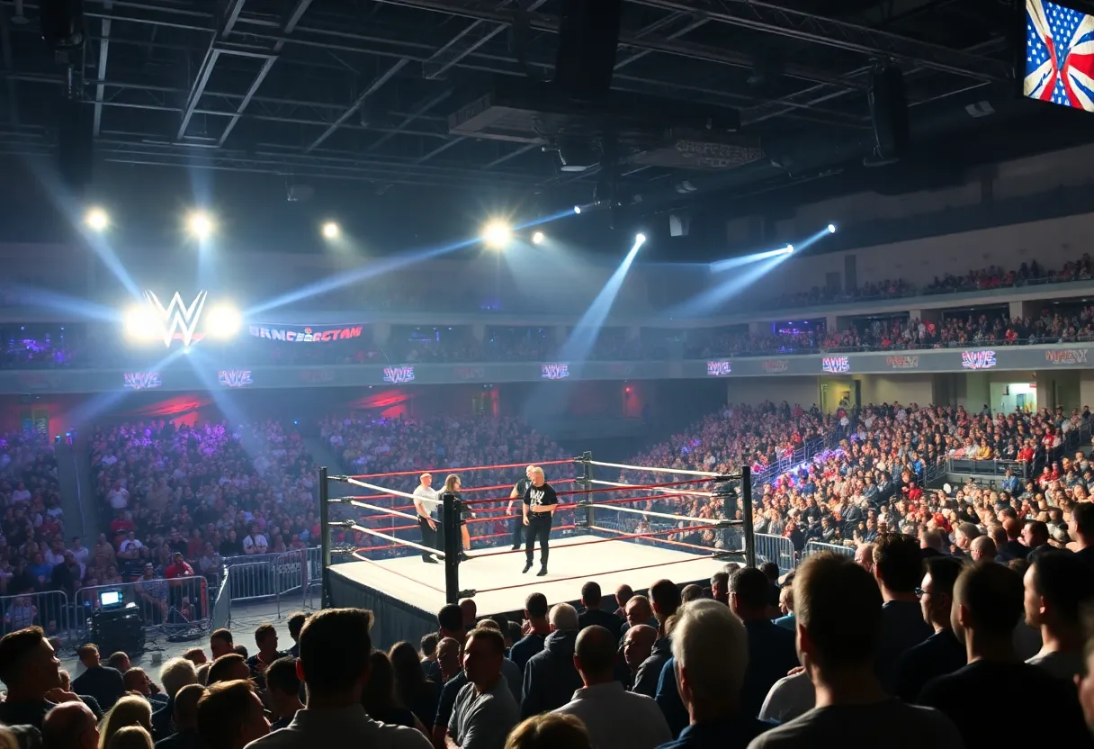 Wrestling match taking place in a crowded arena for TNA Wrestling