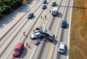 Emergency responders at a multi-vehicle crash site on Simpson Stuart Road, Dallas