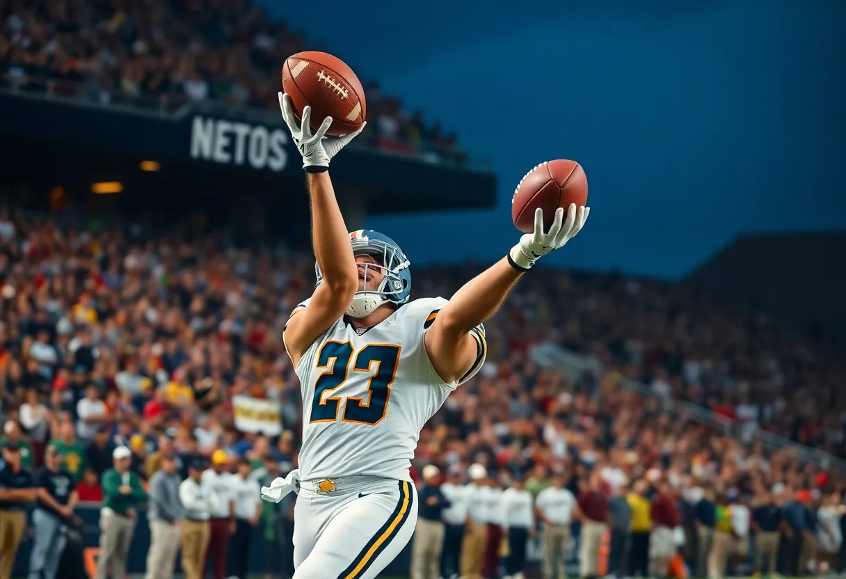 Trey Jackson making a football catch during a college game