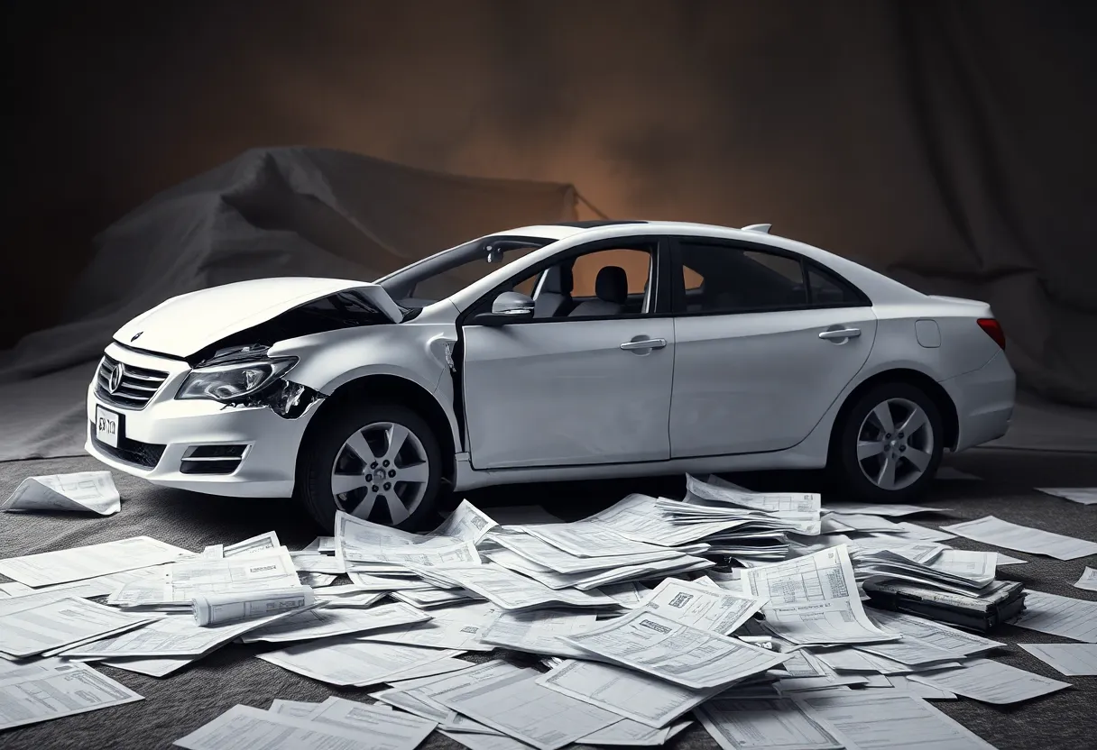 Visual representation of bankruptcy in the auto lending industry with broken car and financial documents.