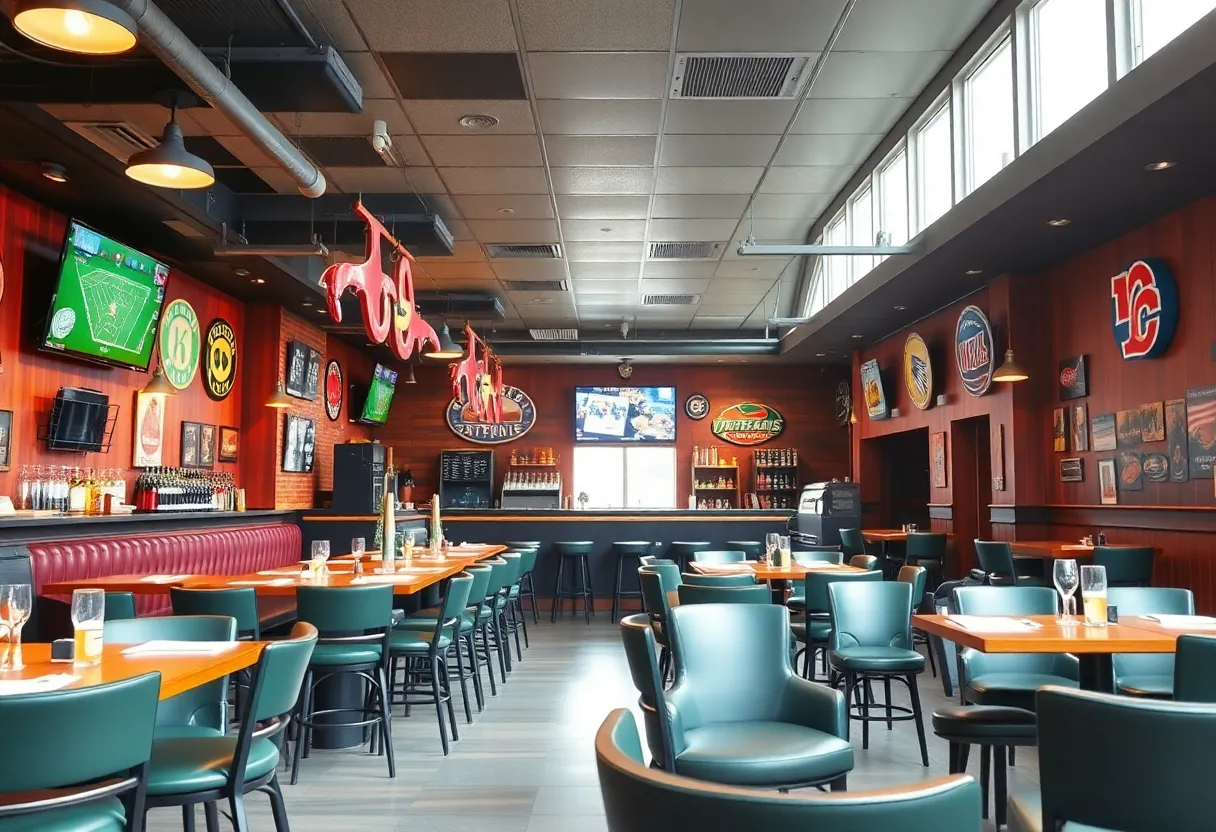 Interior of Twin Peaks sports bar with vibrant décor and a sports theme.