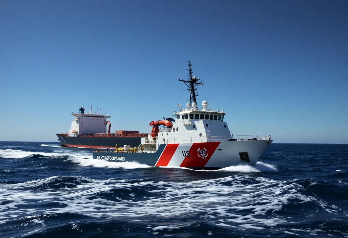 U.S. Coast Guard vessel boarding the Russian-flagged oil tanker Marinera