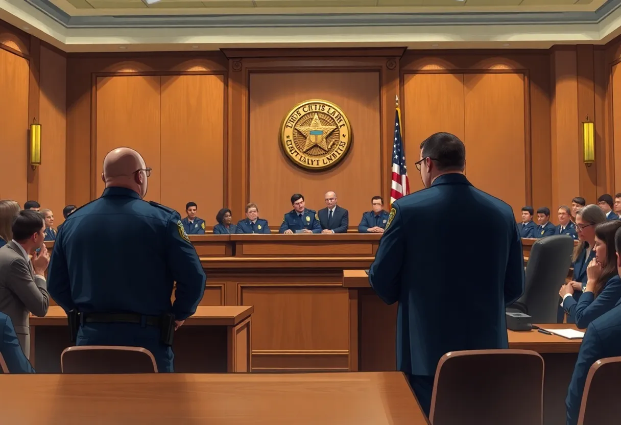 Courtroom illustration of trial regarding Uvalde school shooting response