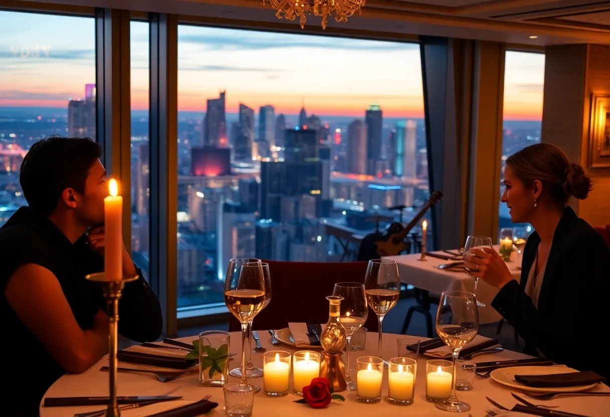 Couples dining in a romantic ballroom with skyline views.