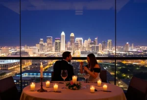 Candlelit dining with a view of the Dallas skyline for Valentine's Day celebration.