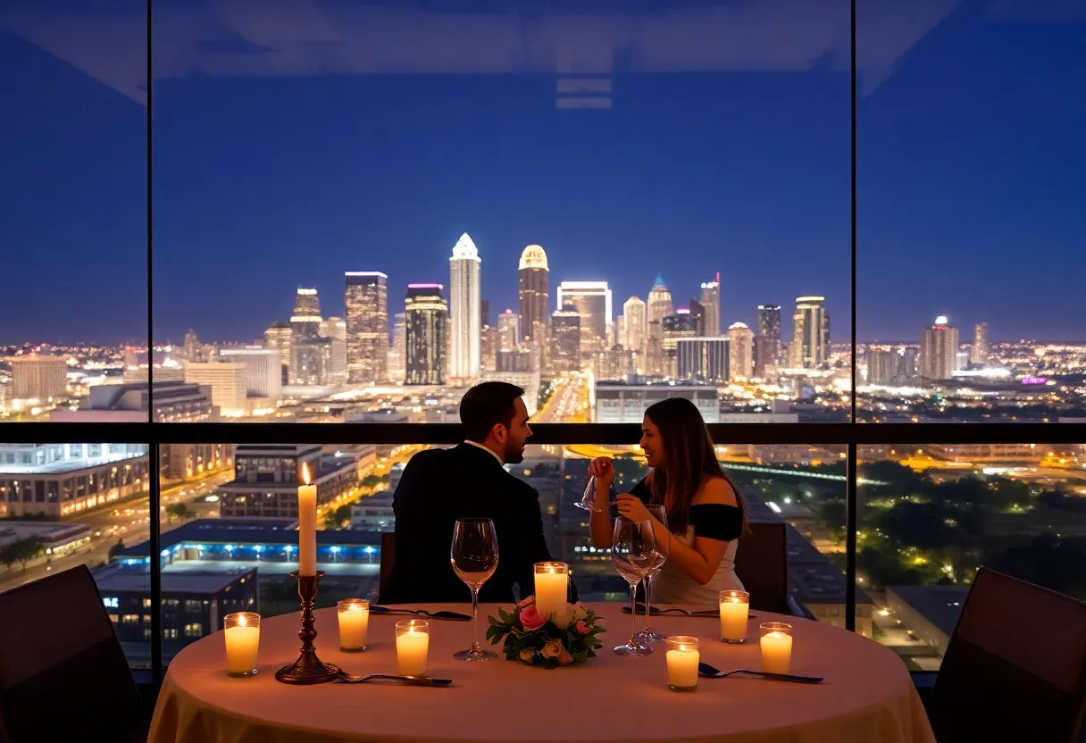 Candlelit dining with a view of the Dallas skyline for Valentine's Day celebration.