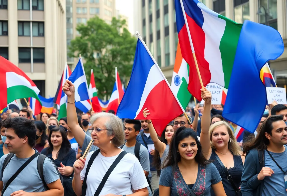 Crowd of Venezuelan community members in North Texas displaying flags, with expressions of joy and concern.