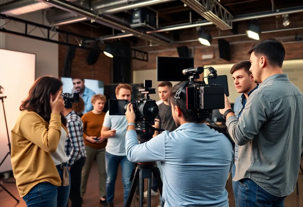 Entrepreneurs collaborating in a video production studio.