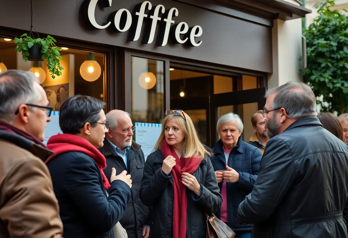 Exterior of White Rhino Coffee with customers discussing.
