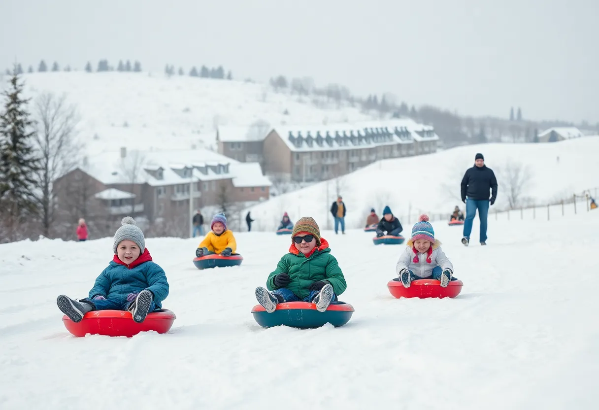 Families sledding on a snowy hill in a safe manner