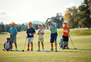 Children playing golf on a sunny day with appropriate gear.