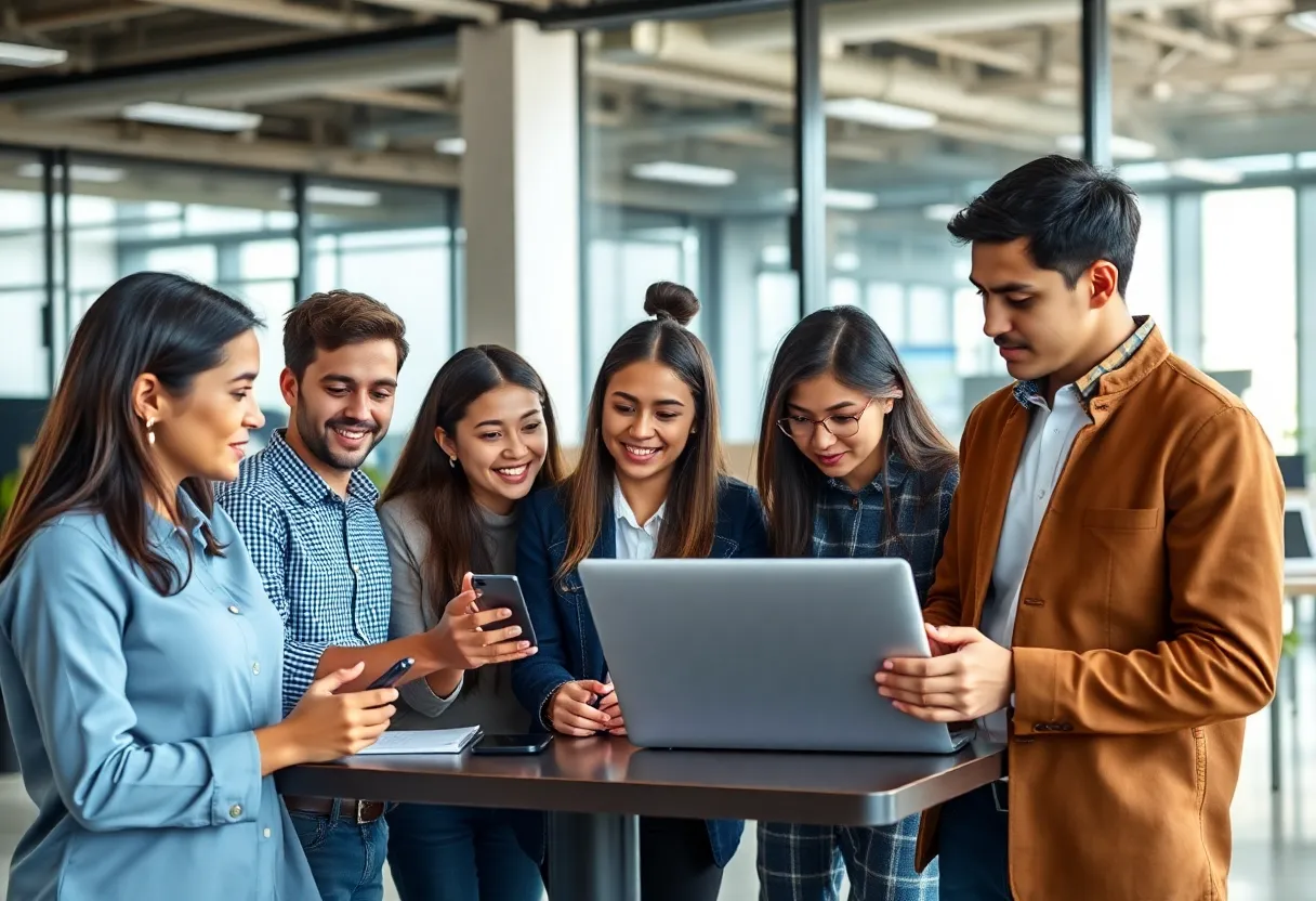 Young professionals collaborating in an AI-driven work environment
