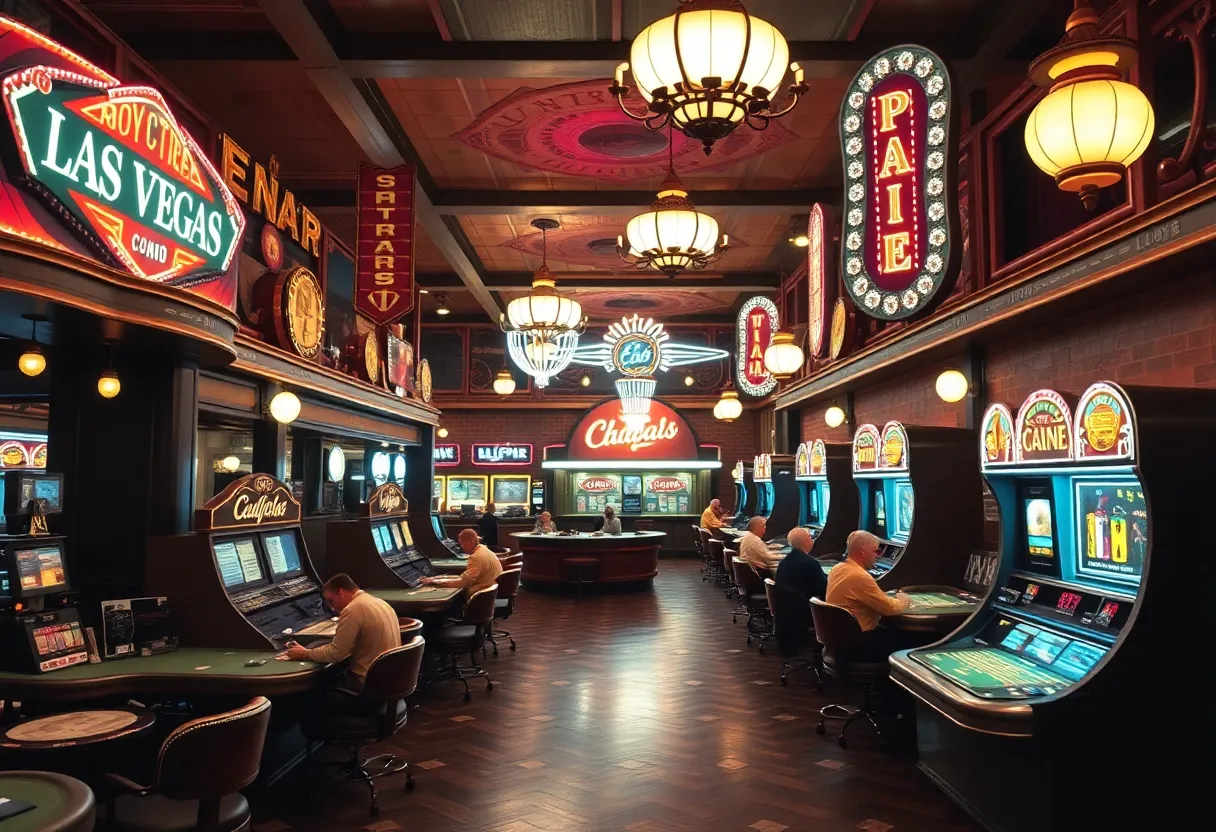 A lively 1940s Las Vegas casino scene, depicting the glamour and energy of the gambling industry.