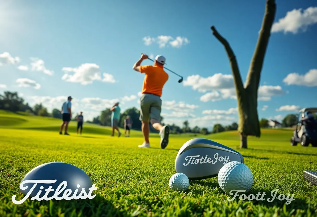 Display of Titleist golf balls and clubs with FootJoy footwear on a beautiful golf course.