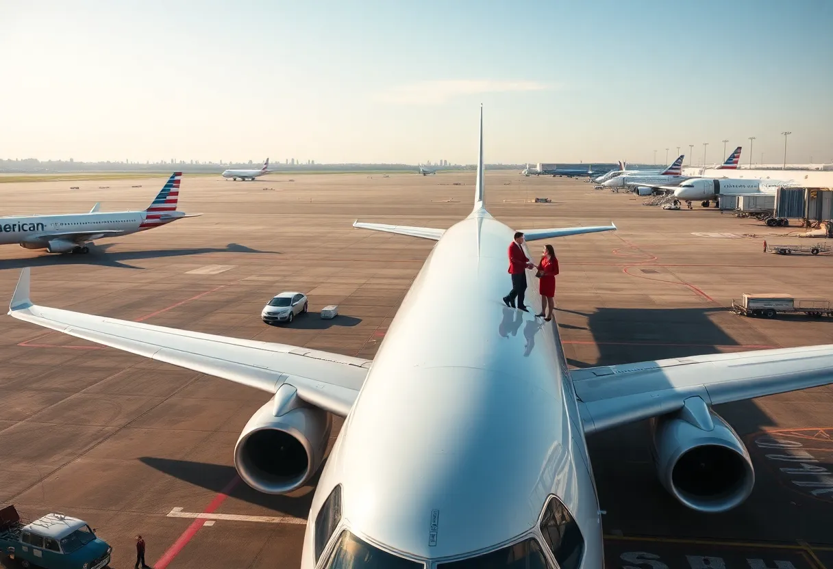 American Airlines flight attendants discussing at the airport