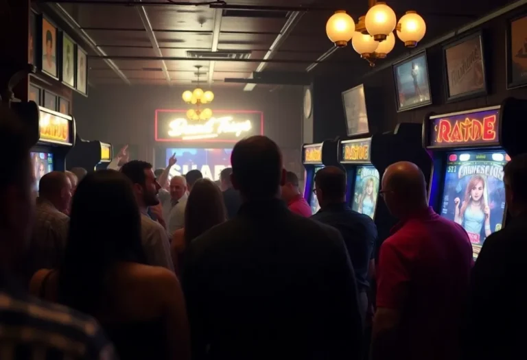 Tense scene at a bar with arcade games