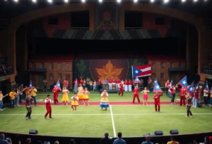 Bad Bunny performing at the Super Bowl halftime show with dancers and musicians.
