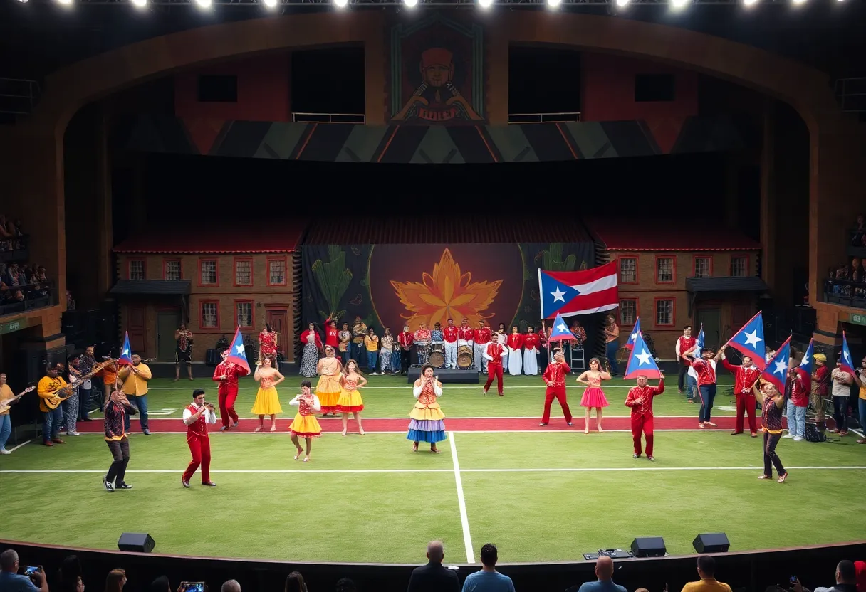 Bad Bunny performing at the Super Bowl halftime show with dancers and musicians.