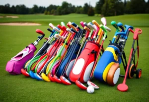 Colorful junior golf clubs designed for kids on a golf course.