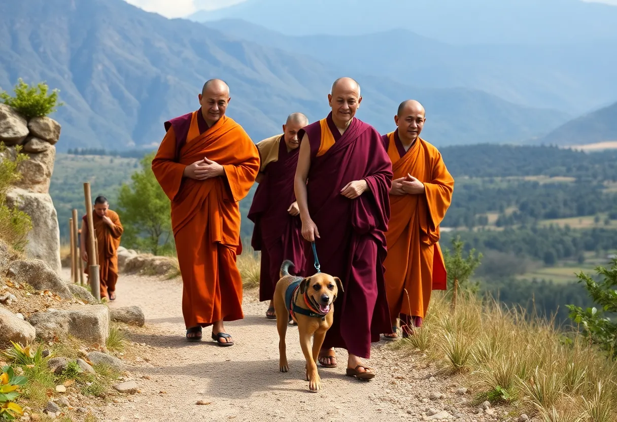 Buddhist monks walking in saffron and maroon robes accompanied by a rescue dog.